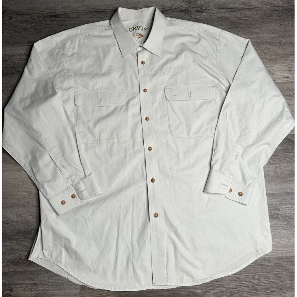 Vtg Orvis Mens XXL Fishing Shirt Long Sleeve White Utility Gorpcore